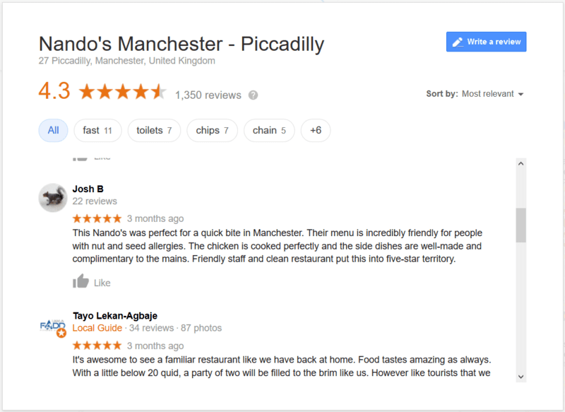 Reviews of a Restaurant on Google
